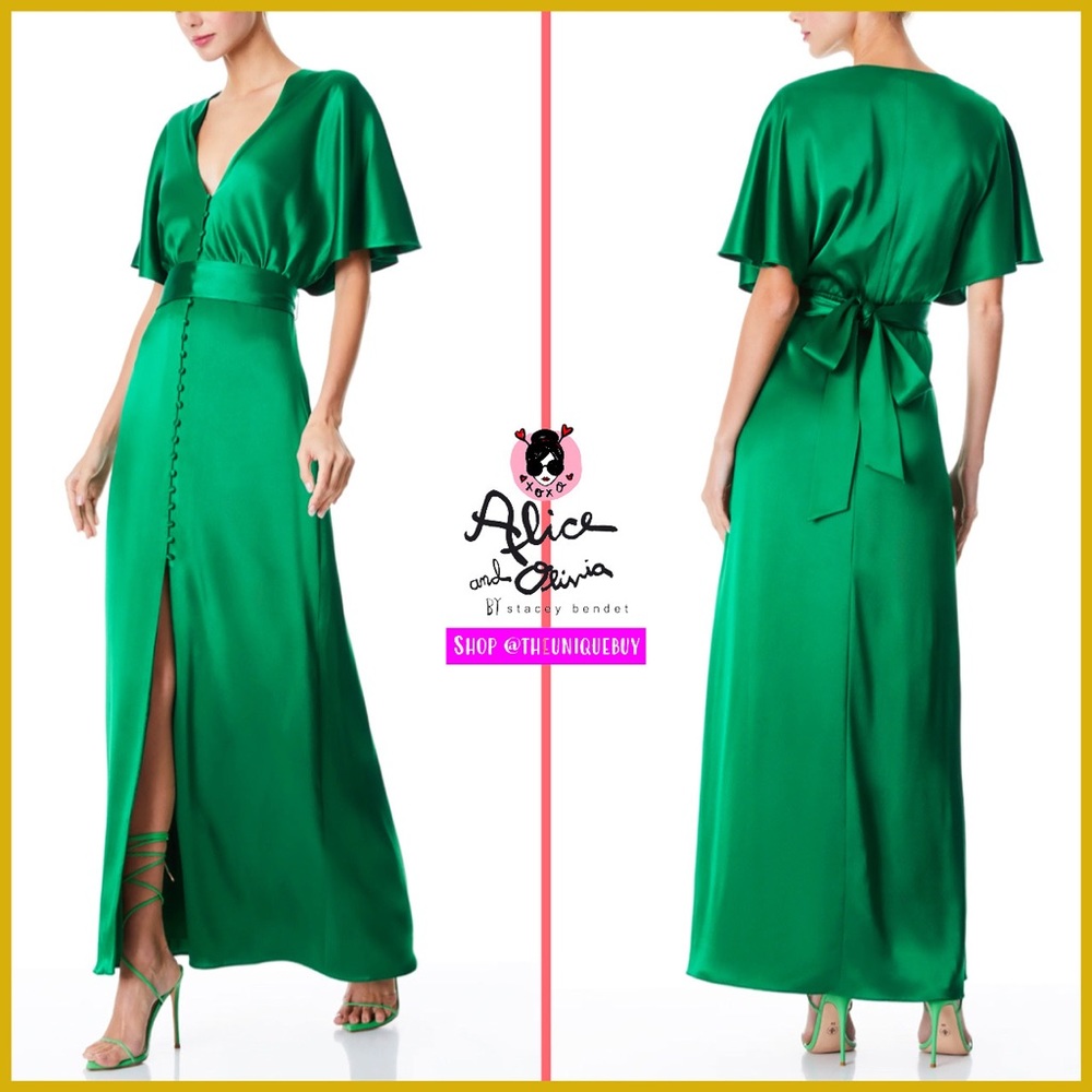 Alice + Olivia Davida Emerald Green Button Down Satin Maxi Dress